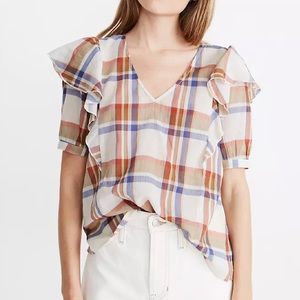 Madewell V-Neck Shoulder-Ruffle Top in Plaid